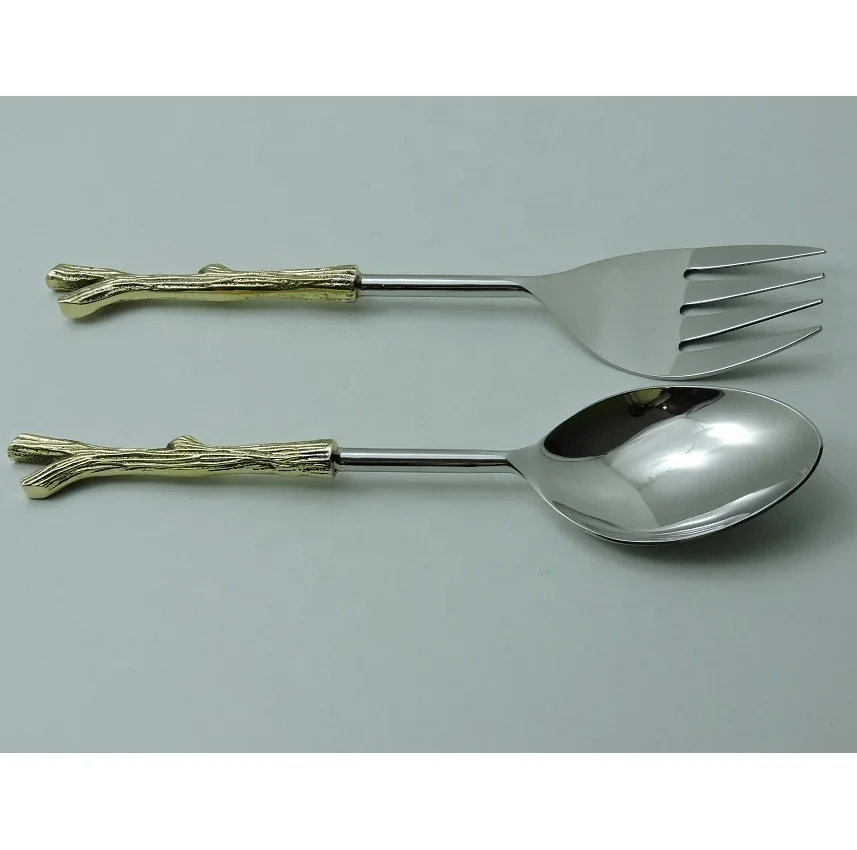 Brass Handle Stainless Steel Salad Server Spoon Set