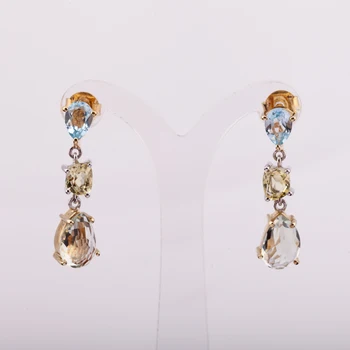 natural sky blue topaz green gold and amethyst silver 925 14K gold plated drop earring elegant high quality
