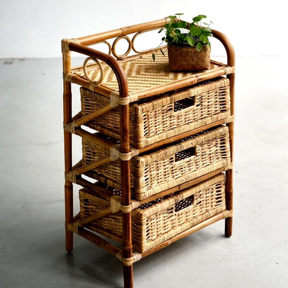 Madura Wooden and Rattan Three or Four Drawer Storage Cabinet