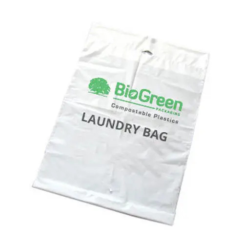 Hotel Laundry Bags, 1.25 Mil Plastic with Draw Tape for Easy Closure and Handle, 18 inch x 19 inch, 4 inch Gusset, Write-On Lines, Biodegradable 