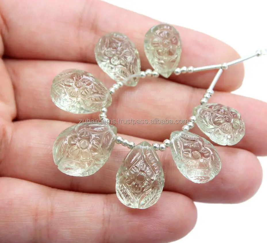 7.Pieces Superb Quality Natural Green Amethyst Smooth Flower Carving Pear Shape Beads 11X14MM  To 13X20MM  Approx On Wholesaler Price GC-04