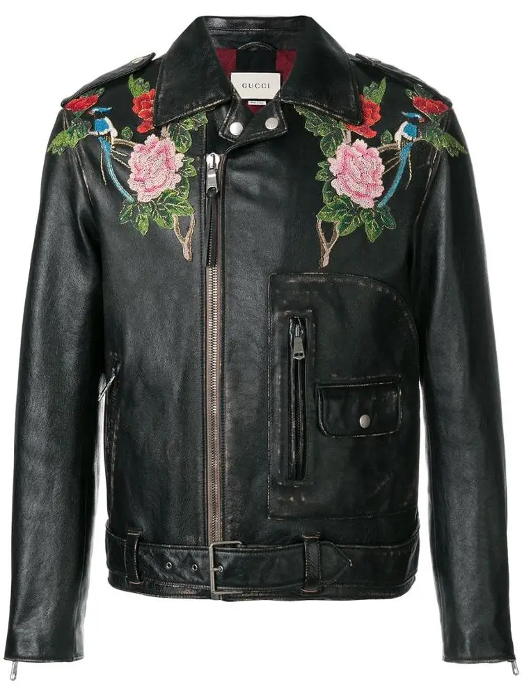 Men's Fashionable Embroidery Leather Jacket