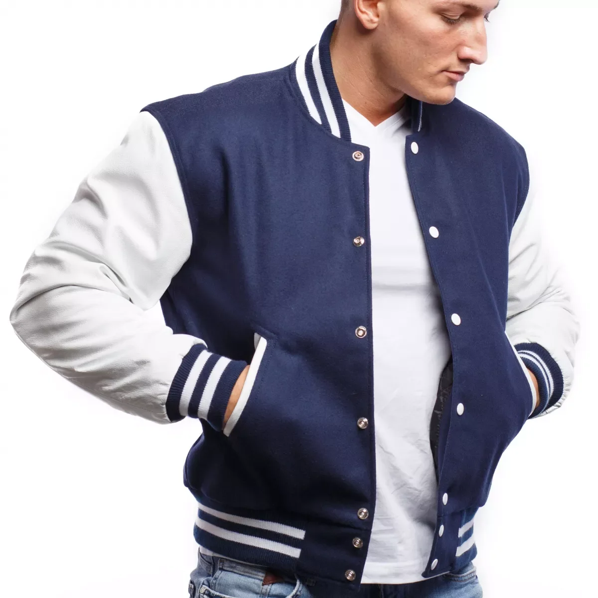 Blue Hooded and White Leather Varsity Jacket For Mens