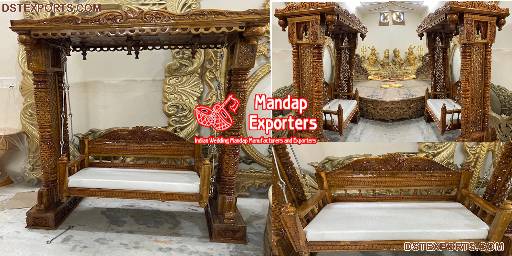 White Gold Teak Wood Jhula For Lobby Online Fully Hand Carved Teak ...