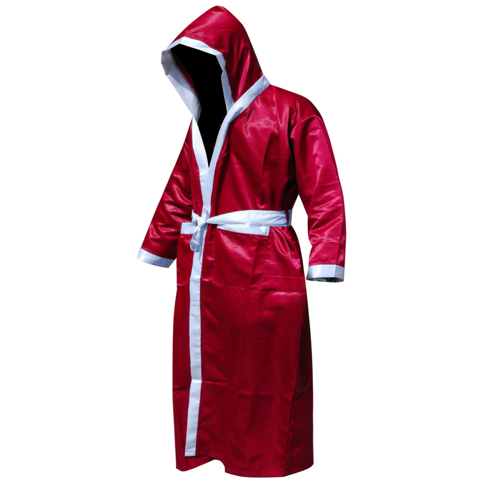 BATA PARA BOXEO CON CAPUCHA EN SATIN POLIESTER, ROJO/BLANCO