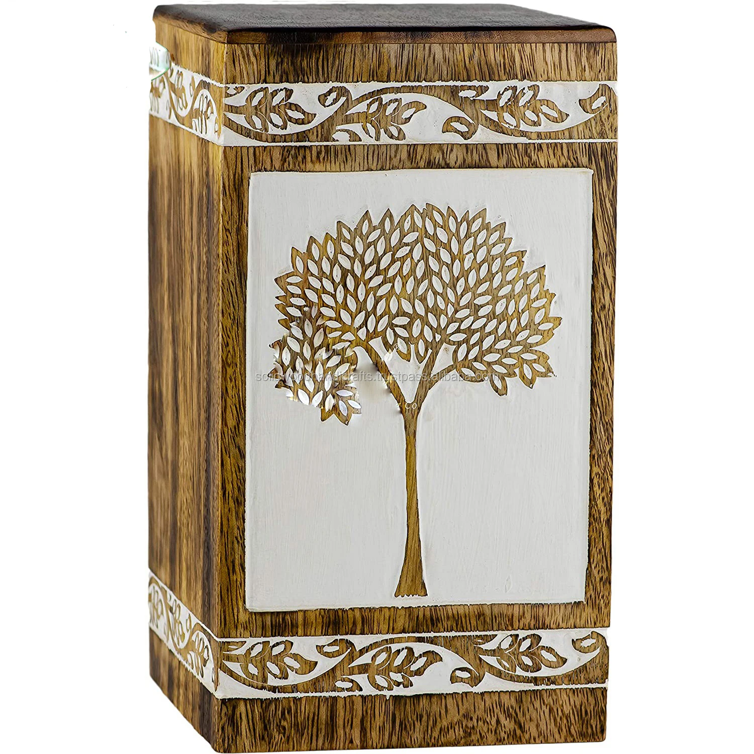 Antique Hand Engraved Design Wooden Urns Tree Of Life Funeral Ash