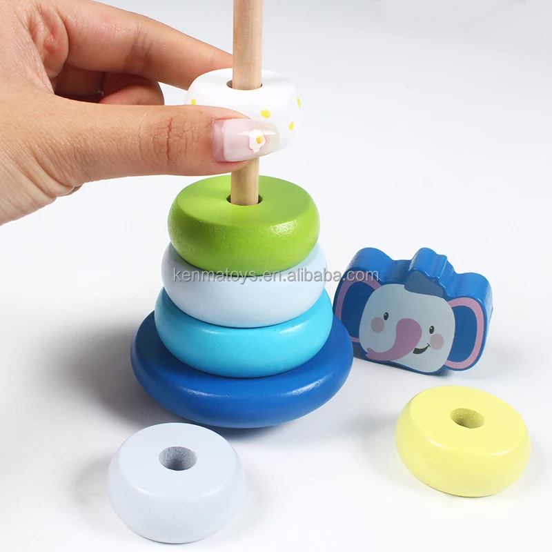 
2021 New Wooden Early Intelligence Educational Cartoon Stacking Rainbow Tower Elephant Tumbler Toy 
