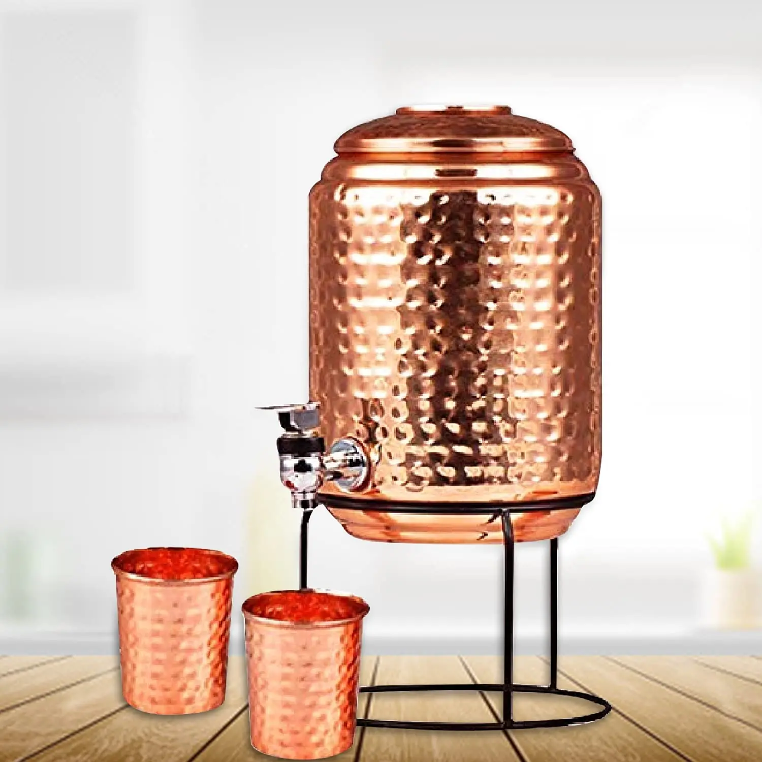 Puur koperen waterdispenser gehamerde pot met 2 koperen bekers en 1