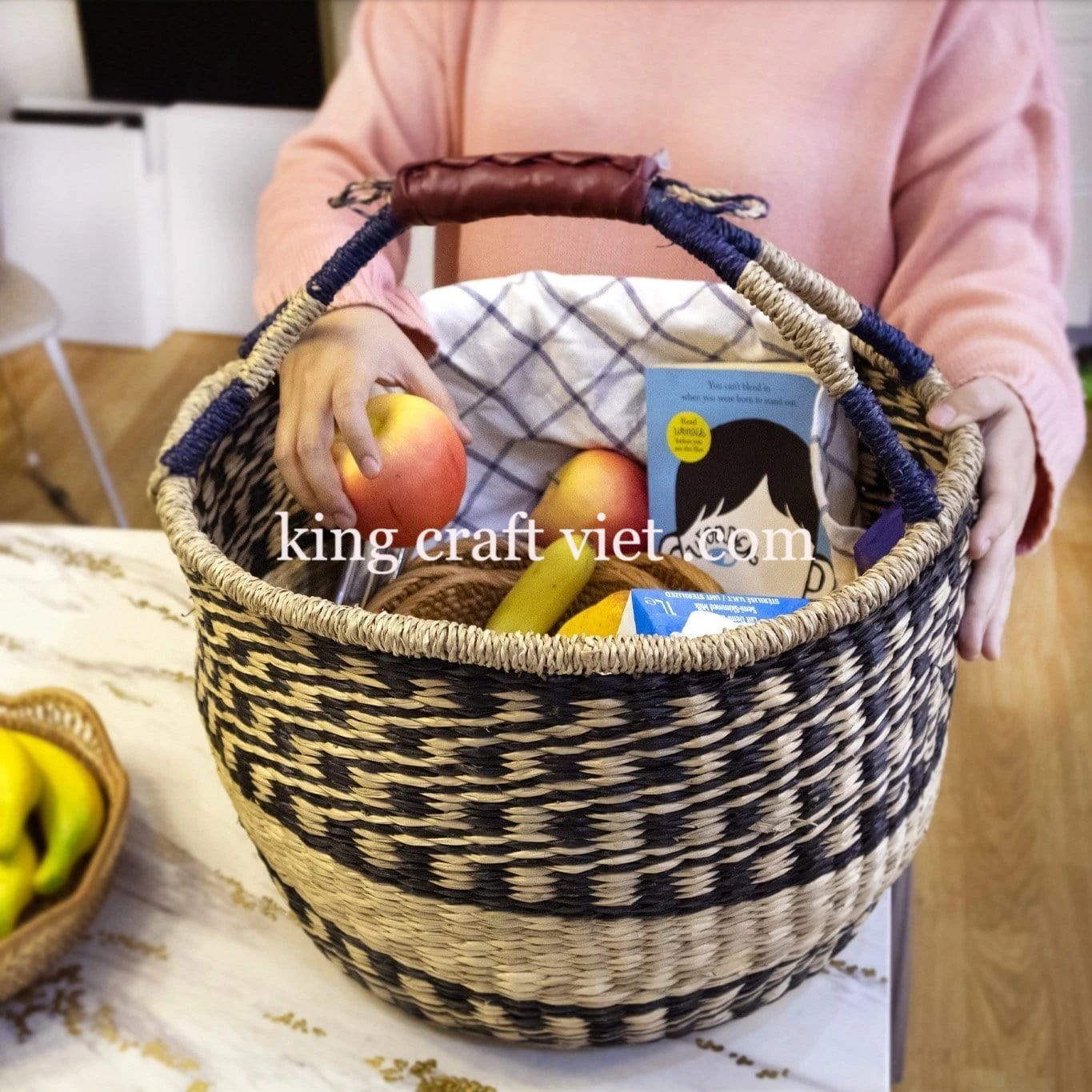 Rustic Natural Seagrass Bolga Basket Leather Wrapped Handle With Black