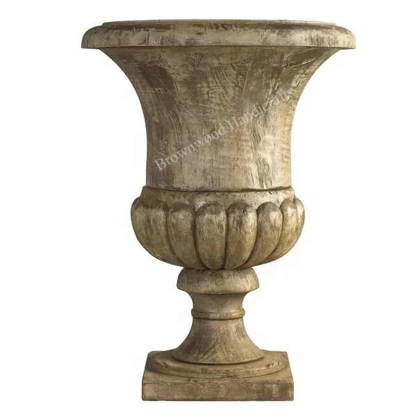 Creative Wine Glass Shape Design Wooden Hand Carved Antique Style Vase