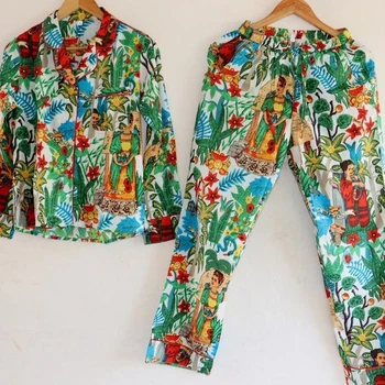 Latest 2022 Kahlo Printed Pajama Set Indian Handmade Cotton Nightwear , Sleepwear Dress New Fashnable Printed Night suit