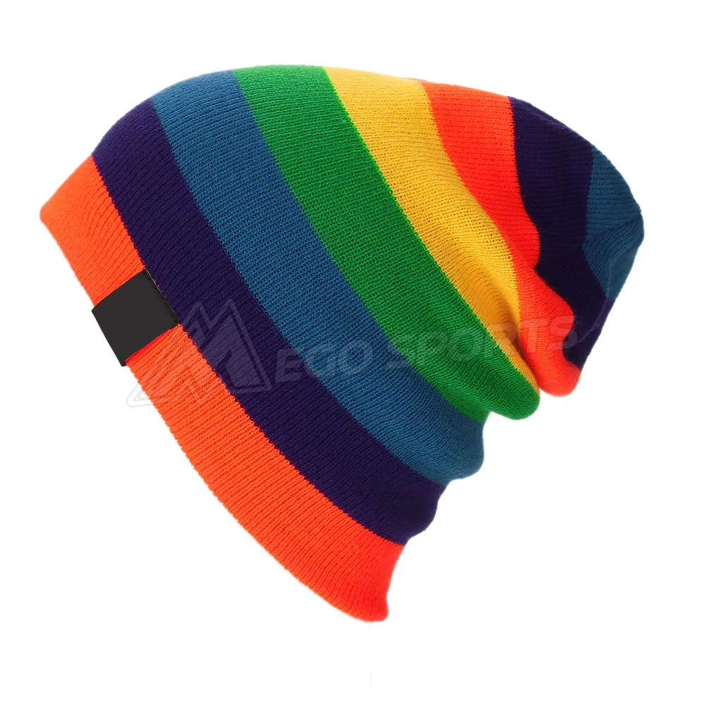 Women Men Unisex Rainbow Striped Hat Colorful Knitted Beanie Cap Winter Warm 