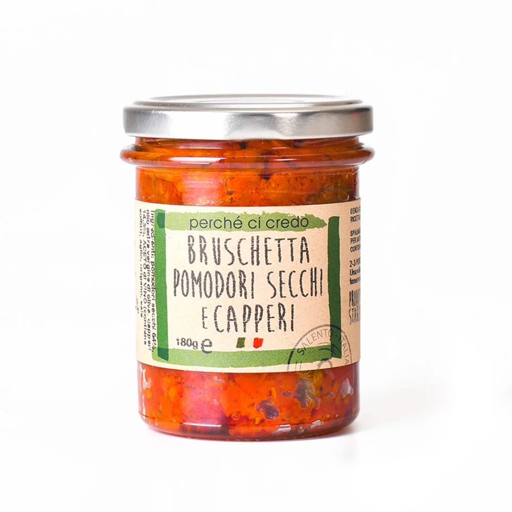 Italian High quality Bruschetta sundried tomatoes and capers. Handmade without preservatives. Spreadable, jar 180g
