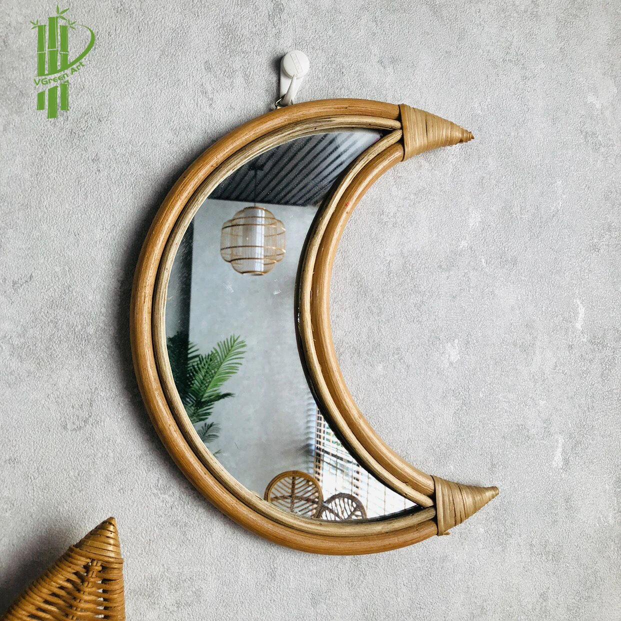 EMUKOEP Miroir Décoratif en Verre et Bois, Miroir de Phase de Lune Bohème pour Salon