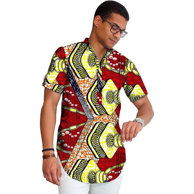 Domple Mens Shirt African Print Dashiki Regular Fit Button Down Short Sleeve Stand Collar Shirt