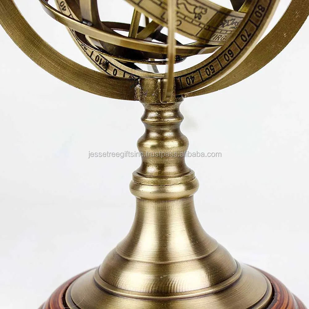 Vintage Zodiac Armillary Brass Sphere Wooden