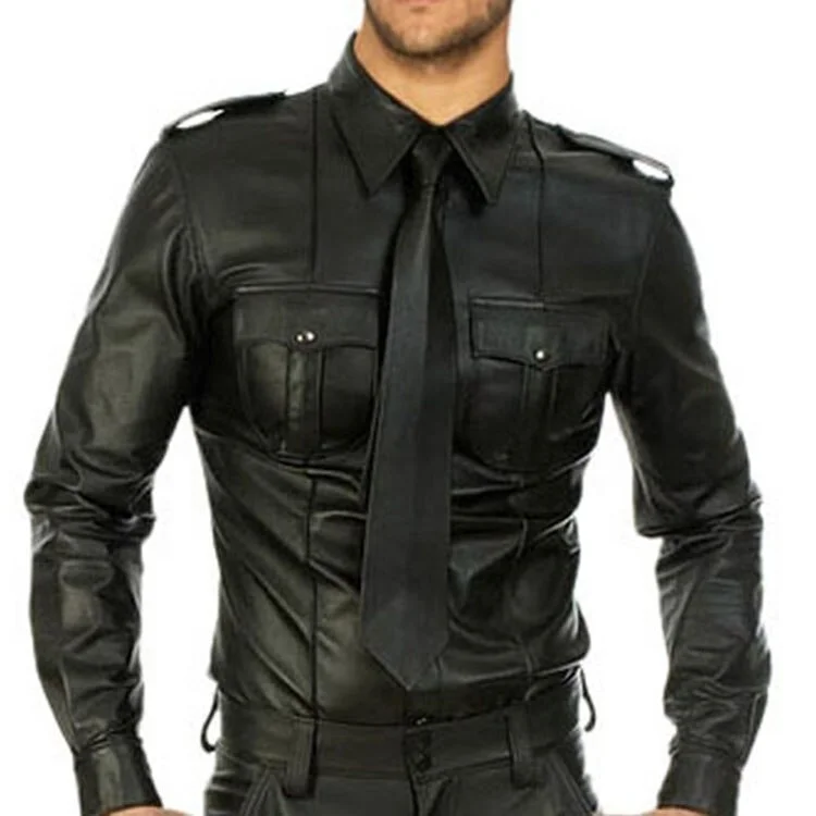 Genuine Real Lamb/Sheep Leather Men Black Police Military Style Shirt BLUF GAY 