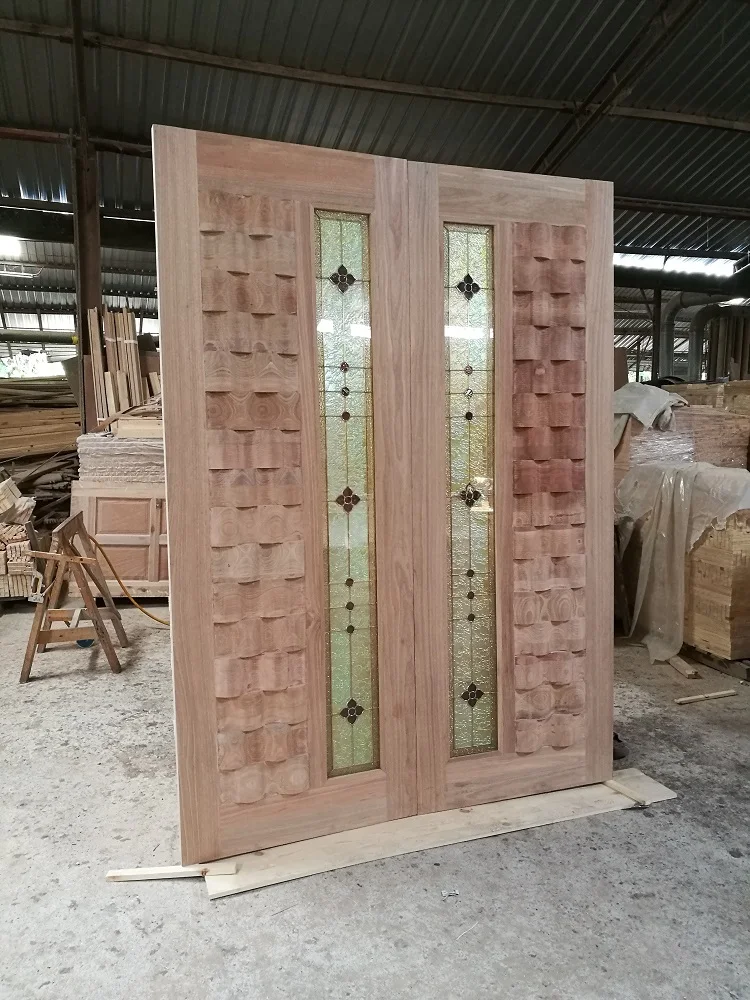 Premium Quality Glass Design Main Entrance Double Leaf Solid Wood Fancy