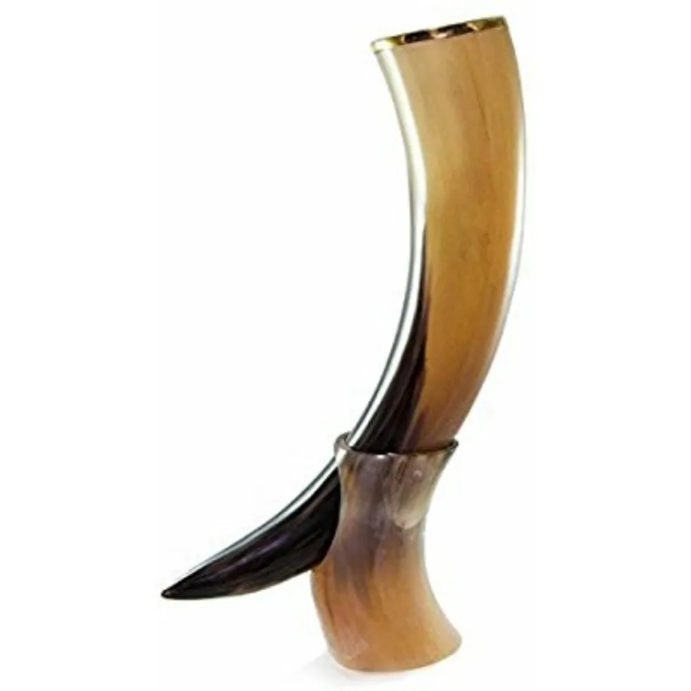 viking drinking horn with horn stand with brass rim on top - buy