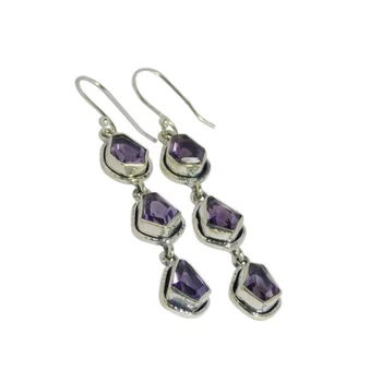 Purple Amethyst Gemstone Earring 925 Sterling Silver Fish Hook Dangle Earrings Silver Jewelry Wholesale For Woman