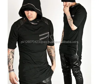 Black Classical T-shirt with Hood - Stylish Side zips Men T-shirts