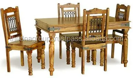 Indian Traditional Wooden Dining Table with Four Chairs