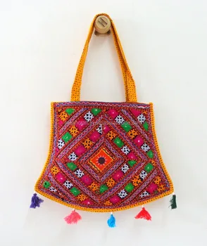 Red Vintage old style embroidered handbag - Gujarati mirror work kutch  embroidered shoulder ba…