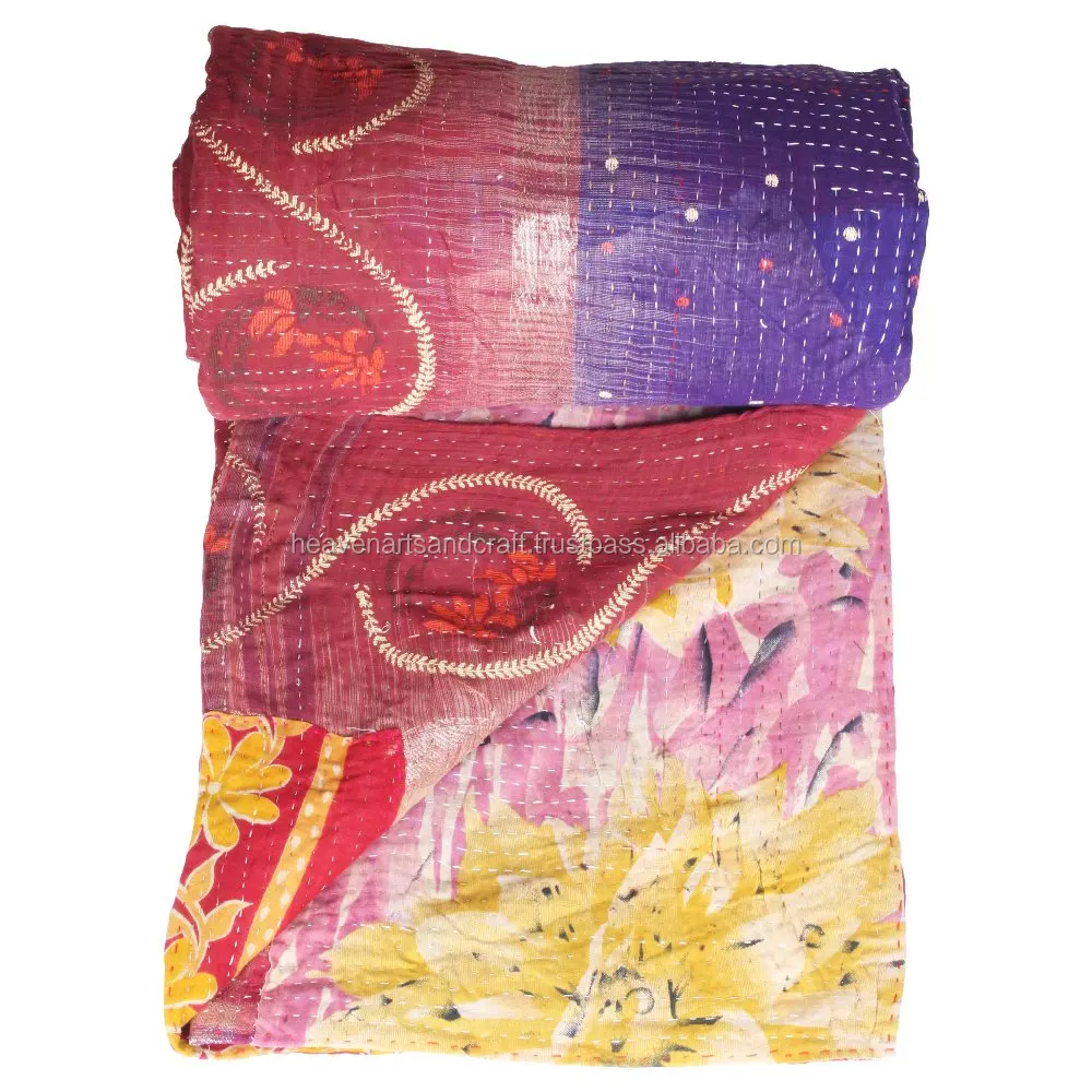 Edredón Kantha De Seda Vintage: Manta India De Patchwork Hecha A Mano - México