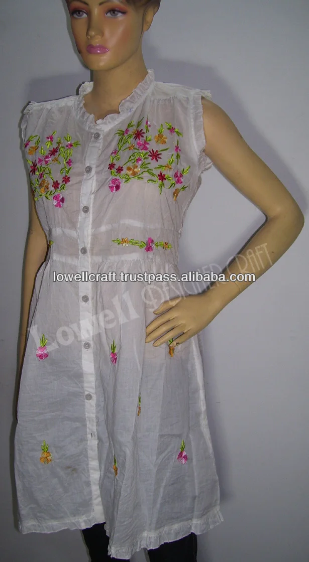 Cotton Chicken Embroidered Long Sleeve Midi Tunic Top Indian Lucknow Designer Hand Embroidered Eco-Friendly Natural Maternity