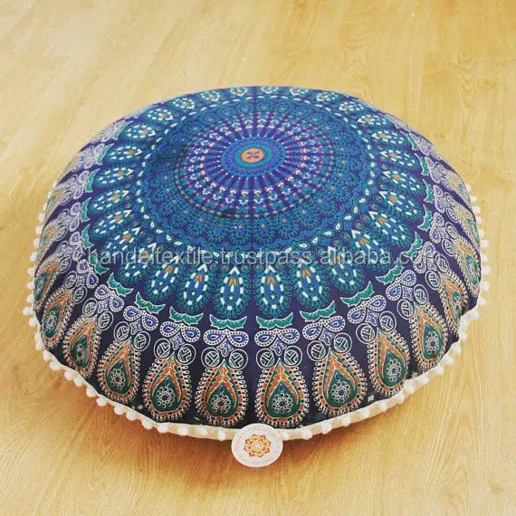 Pouf-sham-round-boho-floor-pillow-cushion-cover-indian-mandala Pom Pom ...