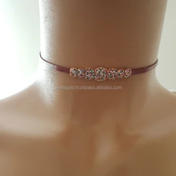925 K Sterling Silver Choker Claret Red Leather Necklace Mix Stone