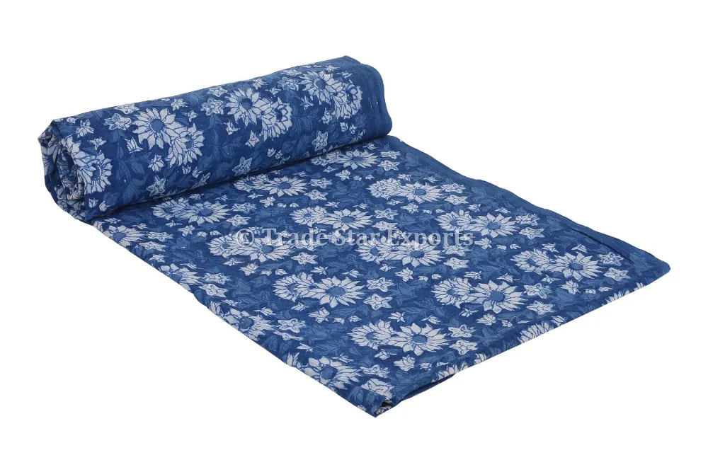 Этническая ткань цвета индиго с цветочным принтом ручной работы ярда санганери 100% хлопчатобумажная вуаль для изготовления платья