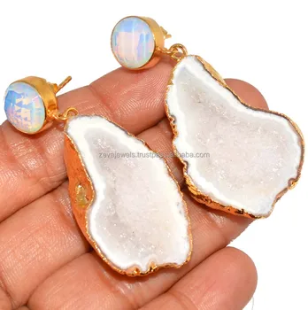 Latest Zeva Exquisite Natural Geode Druzy and Opalite Stone Earring Fashion Jewellery Wholesale India Unique 1151