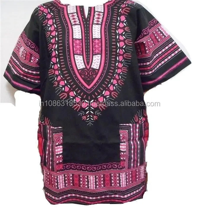 Indian Cotton African Shirt Dashiki Hippy Black Top Blouse Tribal One Size Dress 