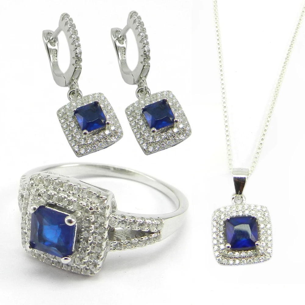 925 Sterling Silver Semi Precious Necklace Earrings Ring 3PCS Women Jewelry Set 