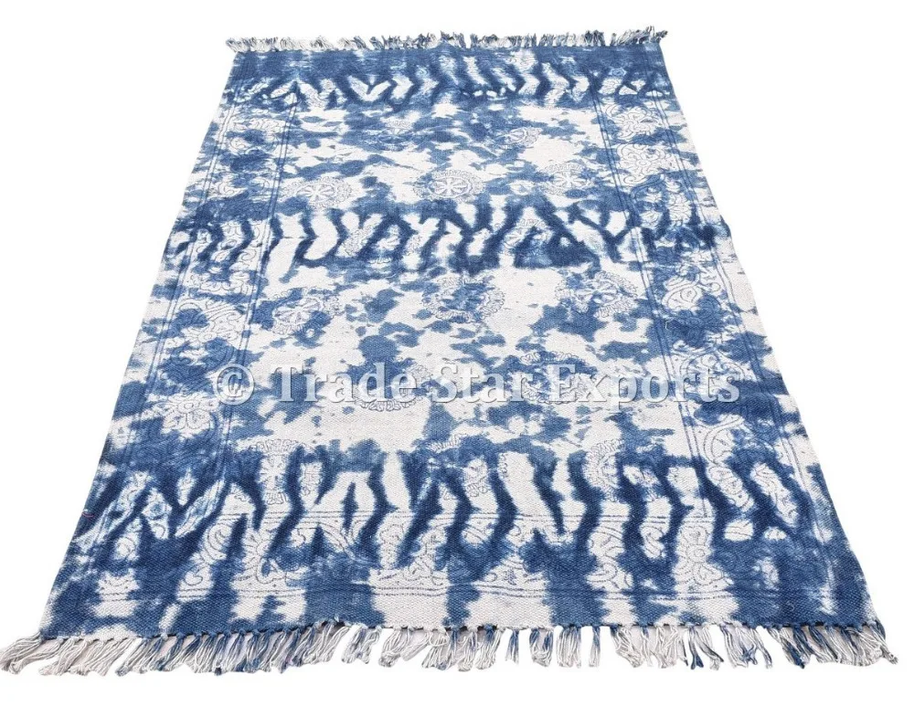 Indian Tie Dye Indigo Blue Abstract Design Floor Runner Cotton Carpet Area Rug 