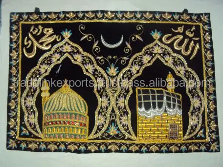 Zari Hand Embroidered Islamic Praying Wall Carpet Luxurious Spiritual Home Decor Semi-Precious Stone Inlays Cross Stitch