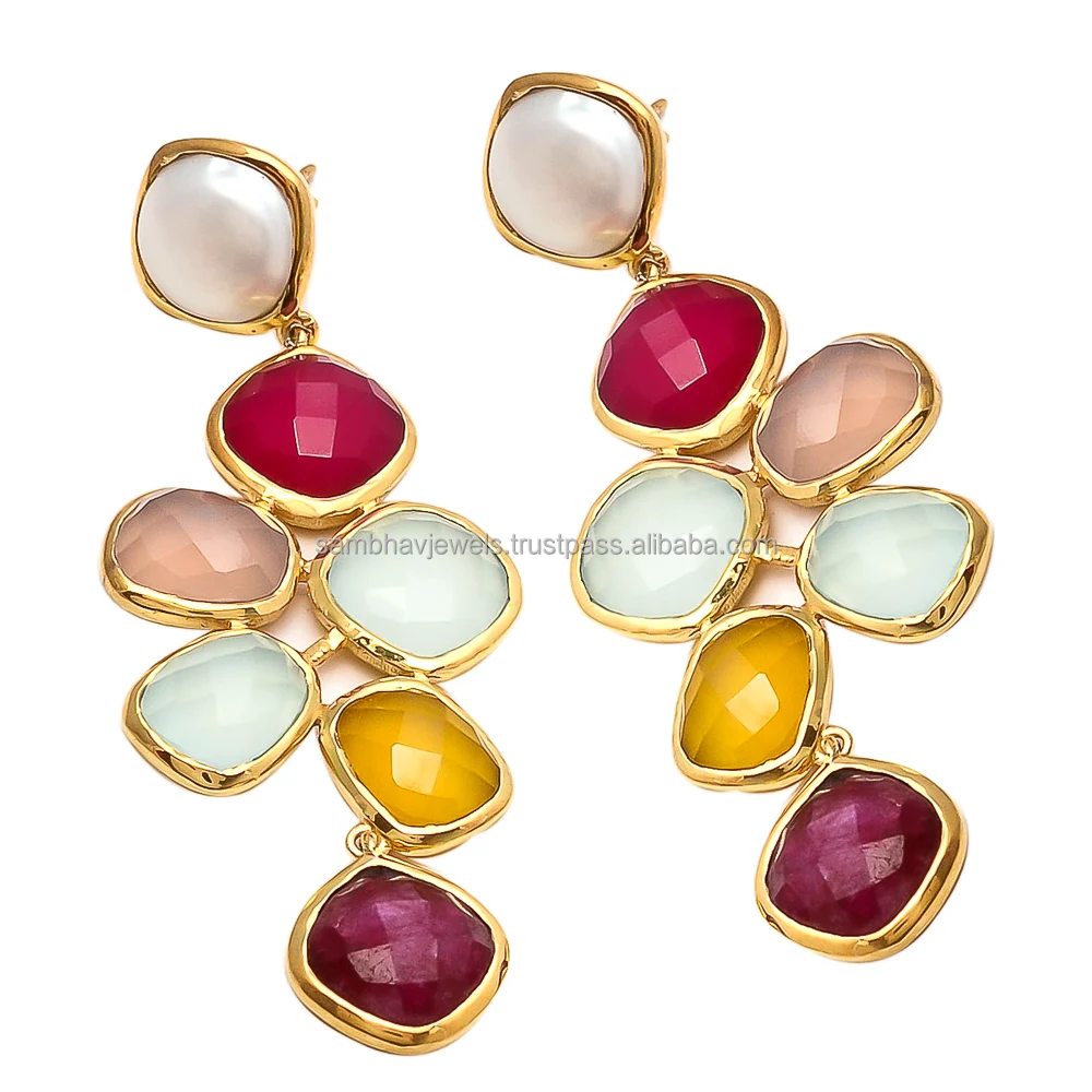 Wholesale Gemstone Earring 925 Sterling Silver Multi Fancy Gold Plated ...