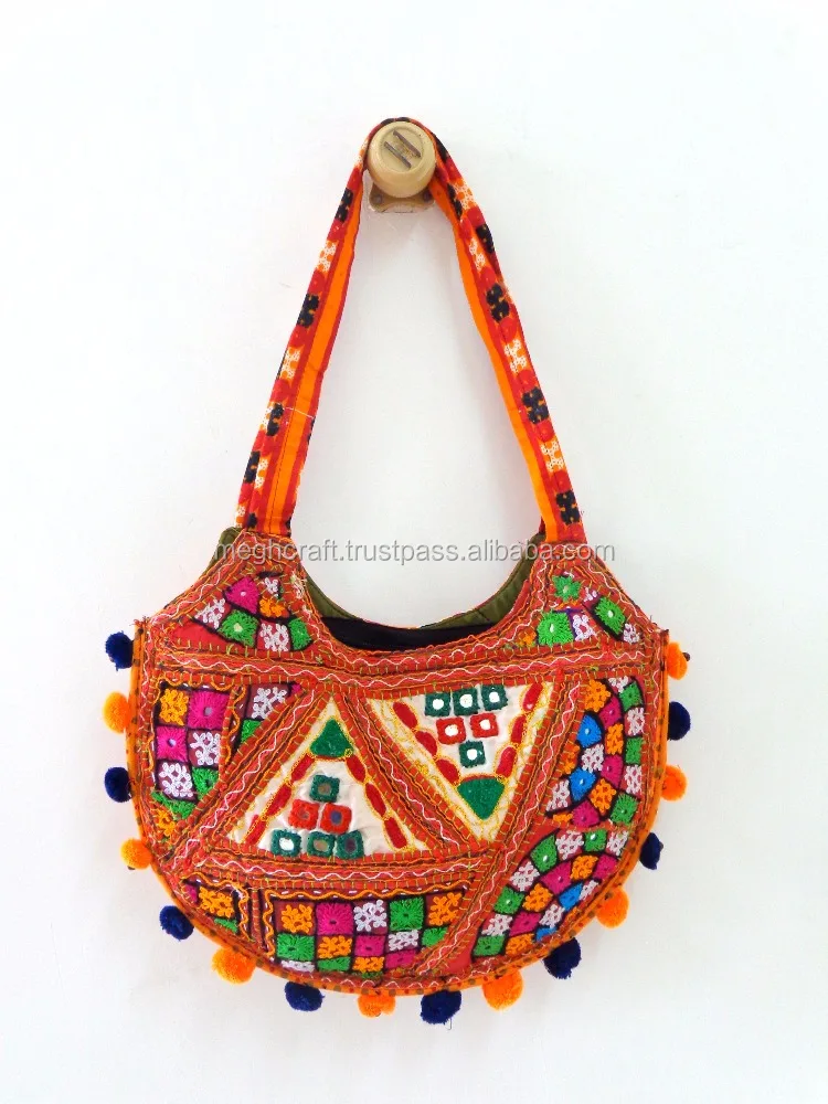 Red Vintage old style embroidered handbag - Gujarati mirror work kutch  embroidered shoulder ba…