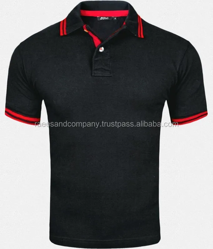 red t shirt with black collar