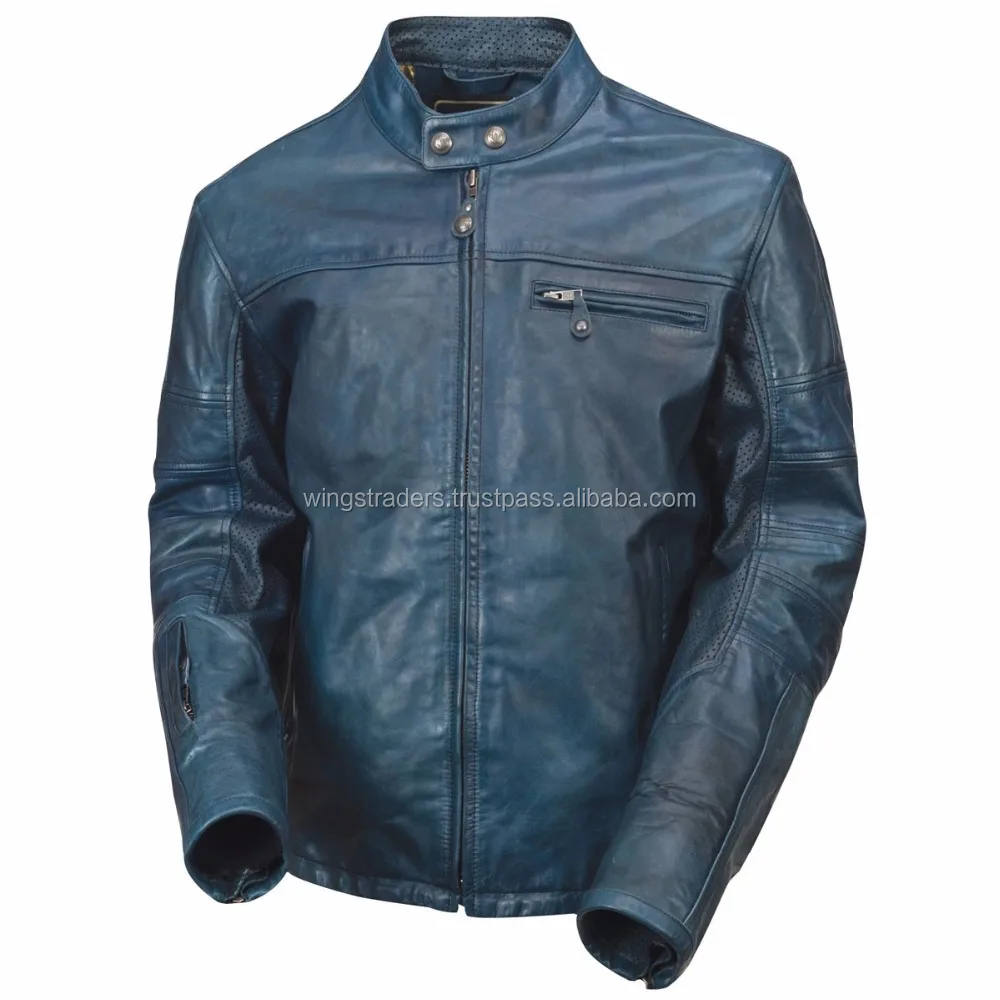 men navy blue leather jacket