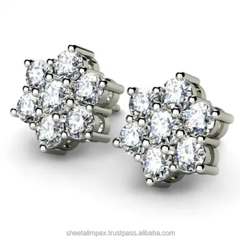 Sheetal Impex 1.00 Tcw SI Clarity FG Color Round Shape Real Natural Diamonds Studded 14 Kt White Gold Cluster Earring