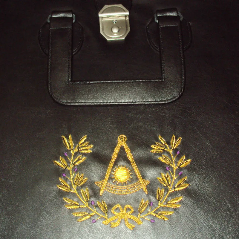 Hand Embroidered Masonic Custom Black, P.M. Apron Case Gold with Wreath