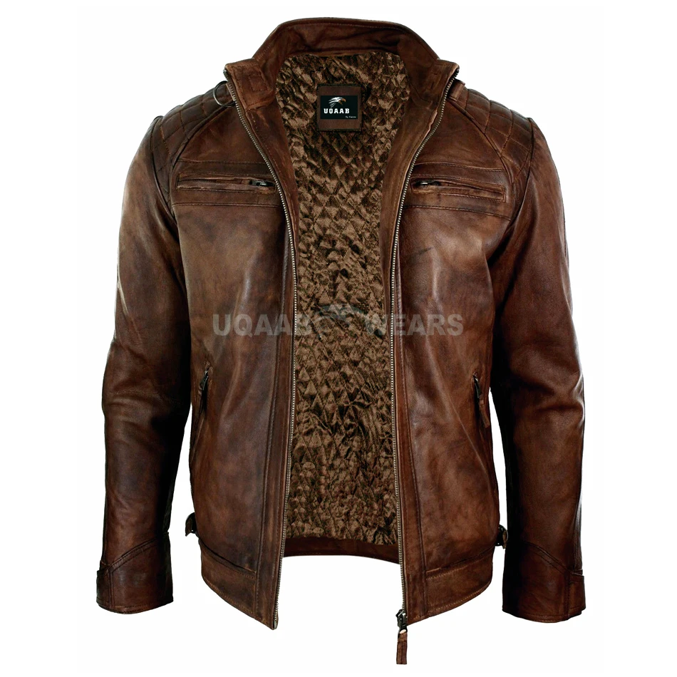 Mens Distressed Bomber Leather Jacket Retro Style Zipped Biker Real Genuine Leather Jacket Mid-weight Casual Fashion Jacket OEM