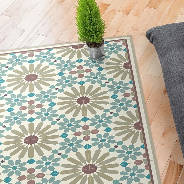 Vinyl Area Rug With Moroccan Tiles Design in Blue and Beige. Linoleum Style Area  Rug With Zellige Tiles. Vinyl Tiles Art Mat. 