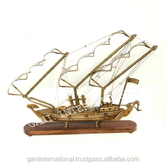 BRASS SAILBOAT HANDCRAFT SHIP NAUTICAL DECOR MARINE COLLECTIBLE WITH WOODEN BASE