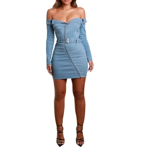 Off Shoulder Denim Full Sleeve Bardot Mini Dress Women Fashion Clothing Casual Dresses