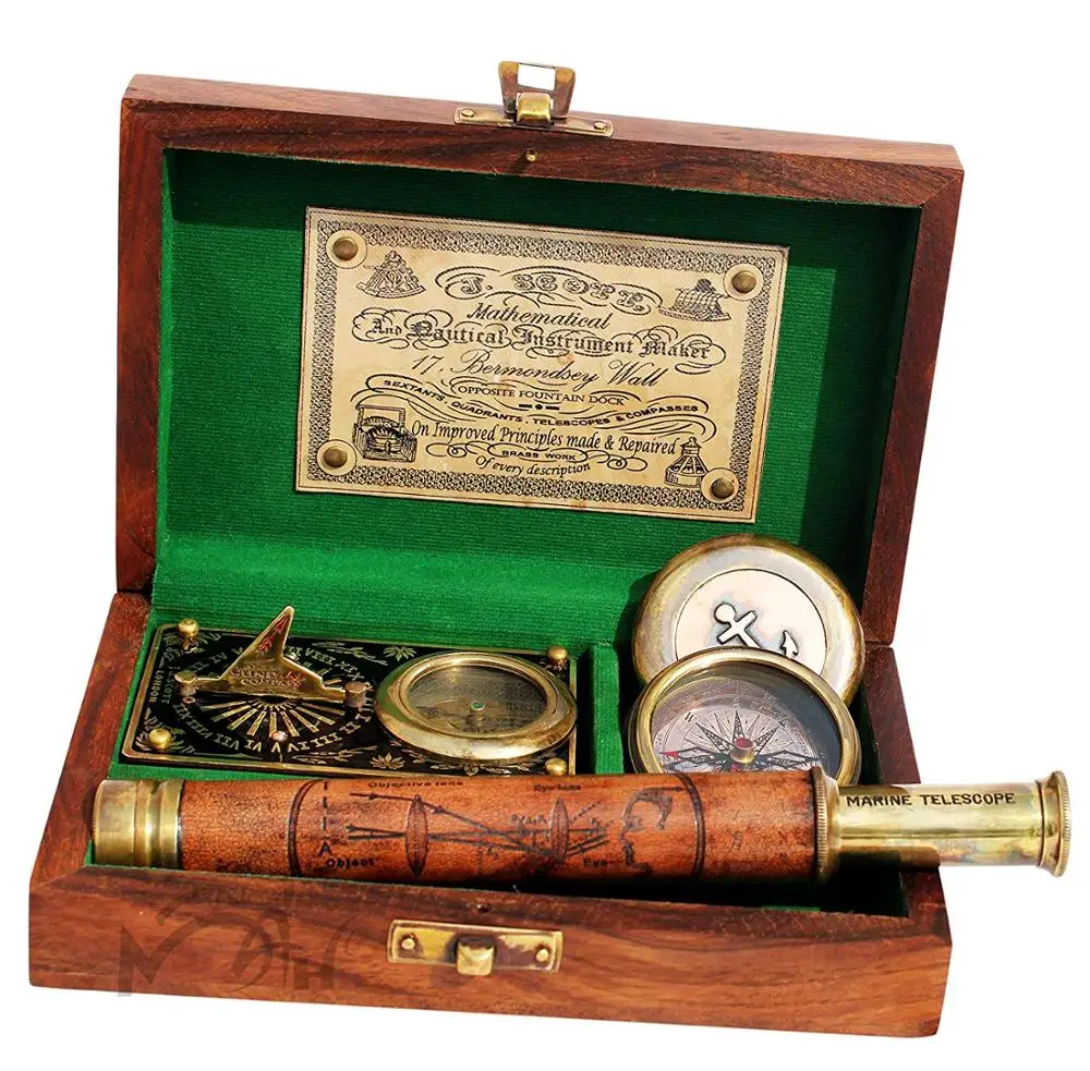 Set Of Three Marine Box With Compass Telescope & Sundial Compass
