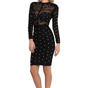 High Neck Inspired Long Sleeve Bandage Knee  Dress with Pearls