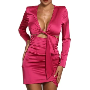 Long Sleeve Sexy Hot Pink Satin Kylie Jenner Style Night Party Dress Women